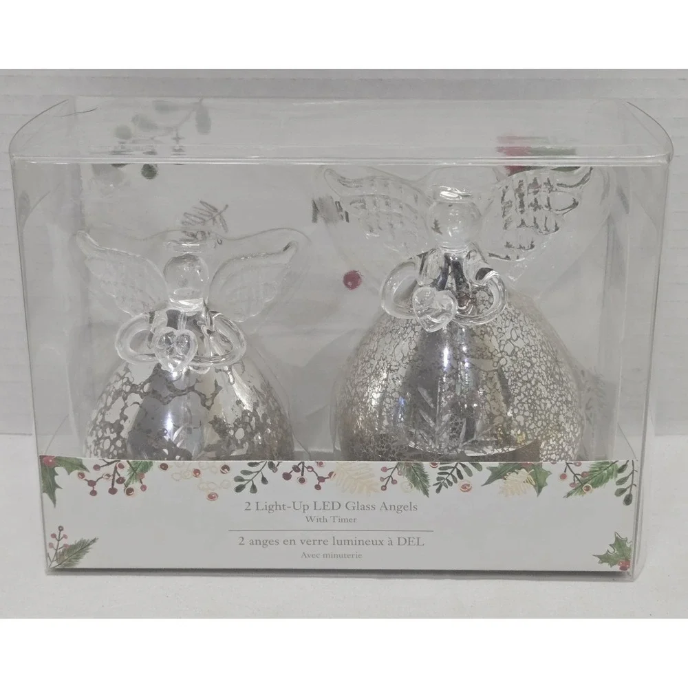 Pier 1 Imports Set of 2 Light-Up LED Mercury Glass Angels With Timer Box VGC